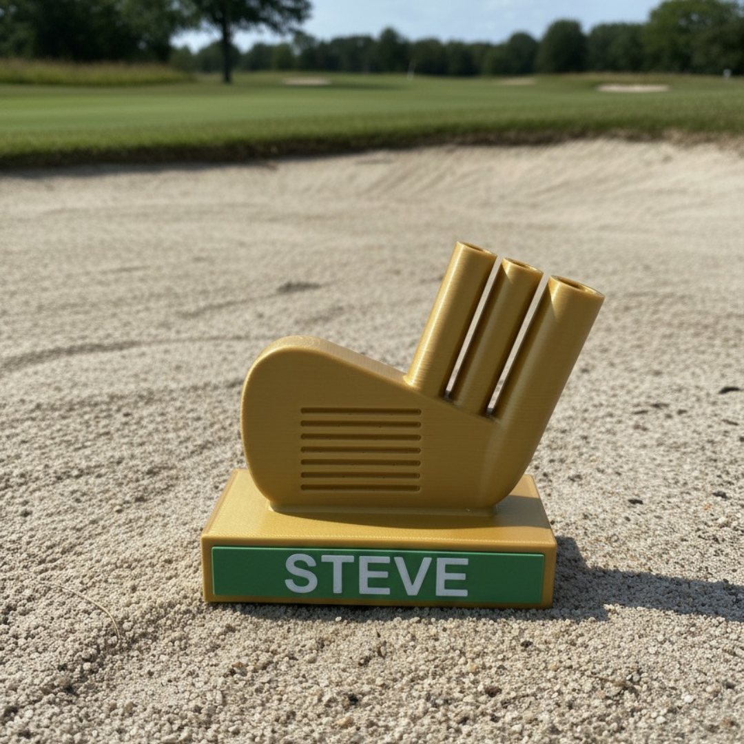Personalized Golf Desk Set – Golf-Iron Pen Stand/Holder + Free Name Golfer Sculpture