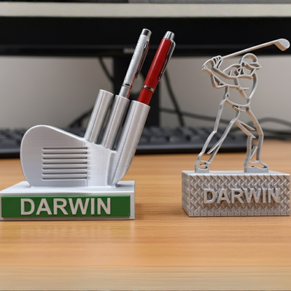 Personalized Golf Desk Set – Golf-Iron Pen  Stand/Holder + Free Name Golfer Sculpture
