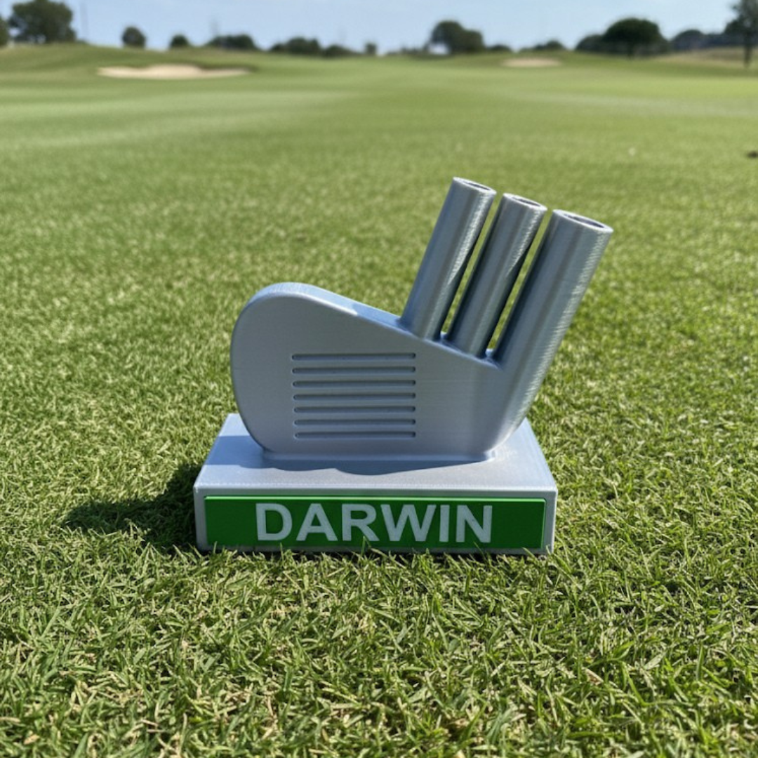 Personalized Golf Desk Set – Golf-Iron Pen  Stand/Holder + Free Name Golfer Sculpture